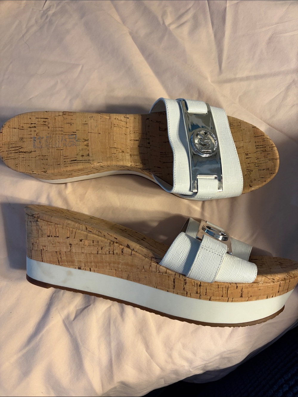 Michael Kors White Cork Wedge Slide Sandals with Silver Logo